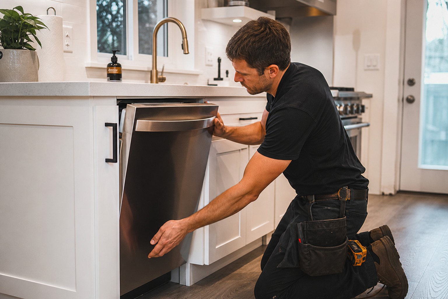 Technician installing a stainless steel dishwasher in a white kitchen